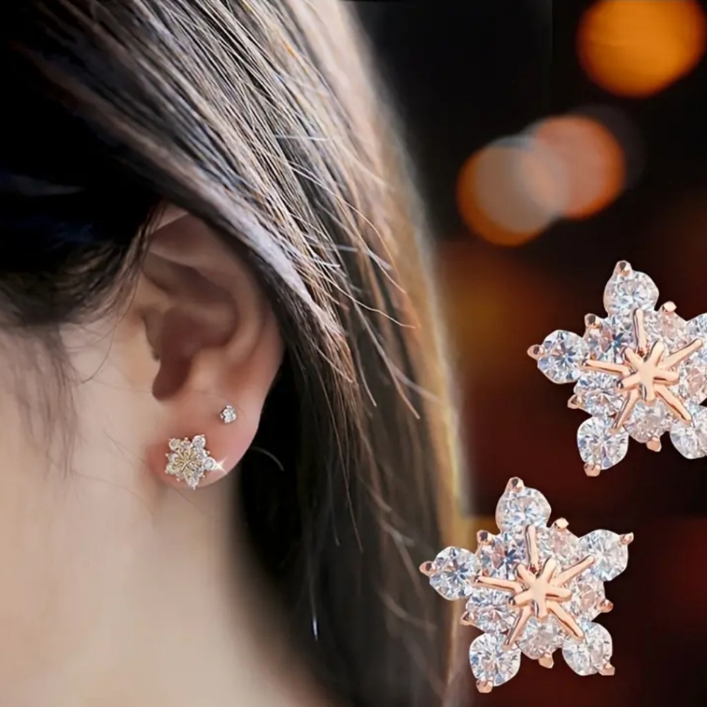 NWT! Elegant Rose Gold Gorgeous Snow Flake Sparkle Srud Earrings